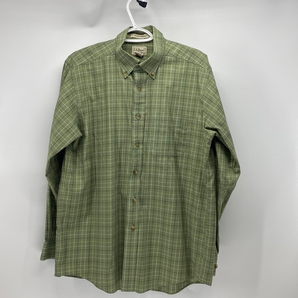 L.L. BEAN wrinkle resistant 100% cotton green yellow windowpane button down - Picture 1 of 7